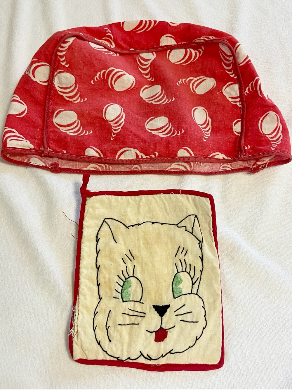 Vintage Handmade Red Kitchen Toaster Cover and Cute Kitten Potholder